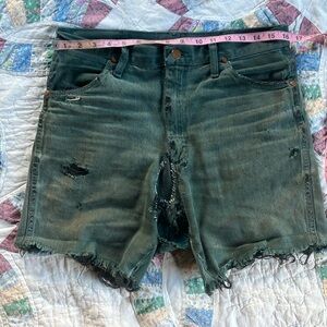 Wrangler 32, turquoise / teal ‘Jorts’ w/ custom patchwork